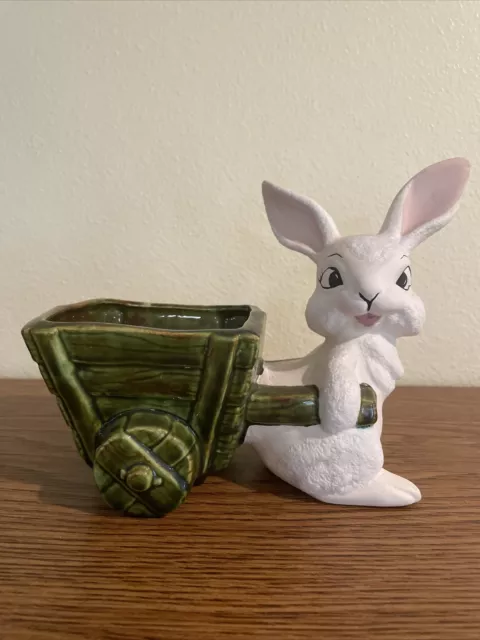 Vintage Ceramic Rabbit Pulling Wagon Easter planter Unique Centerpiece Emerald