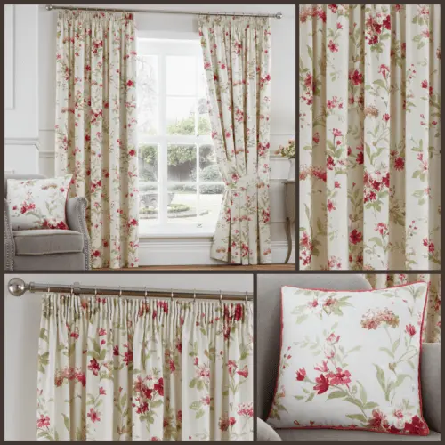 Red Jeannie Floral Lined Ready Made Tape Top Pencil Pleat Curtains Pair