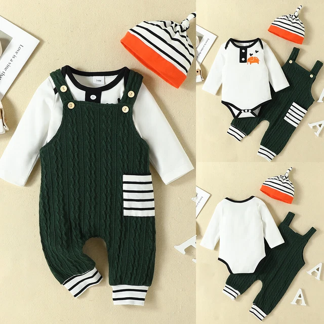 Newborn Baby Boys Long Sleeve Romper Knit Jumpsuit Outfits Clothes 3PCS Set Hat