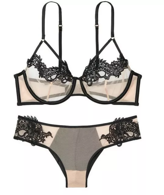 Victoria's Secret Luxe Unlined Butterfly Lace Balconette Bra Cheeky Set  Black