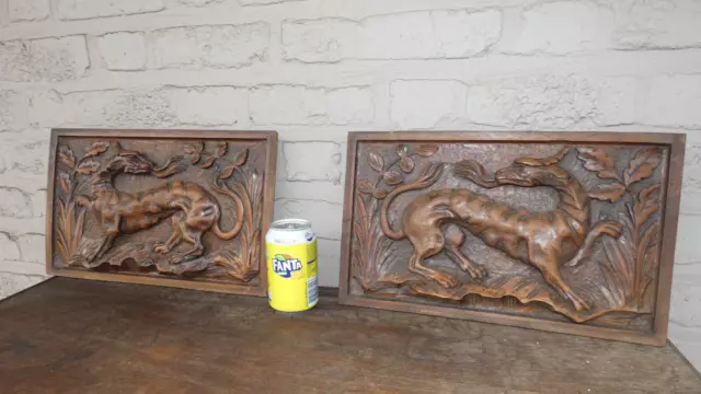 PAIR antique wood carved relief mythological dragon plaques Panels gothic