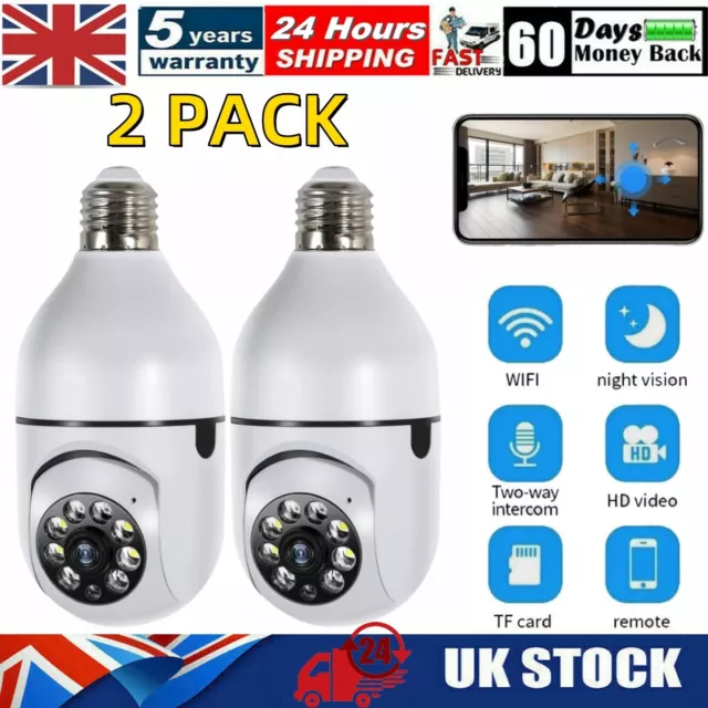 2x 1080P WIFI IP Camera Light Bulb E27 CCTV Wireless HD PTZ Home Security IR Cam