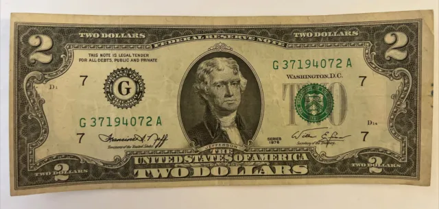 1976 2 Dollar Bill Federal Reserve. Declaration Of Independance
