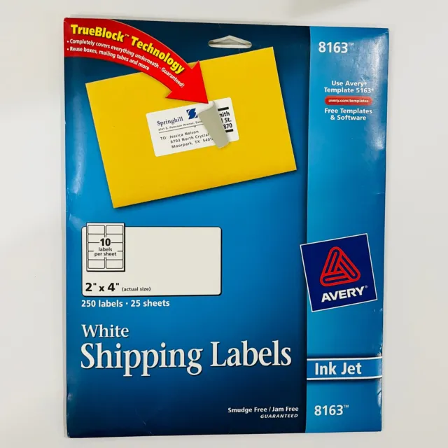 Avery 8163 White Shipping Labels, 2" x 4", 250 Labels (AVE8163)