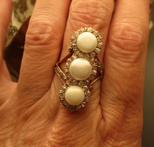 Antique Pearls & Diamonds Woman's RING Victorian 10K Gold 48 sm Euro Diamonds