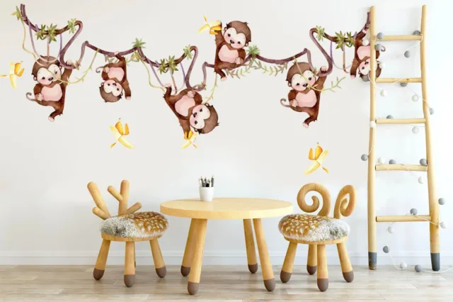 Monkeys over Vine Banana Tree branch Wall Decal Sticker Decor Peel and Stick