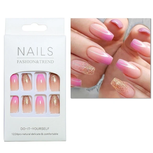 24pcs Square Head Fake Nails Fade Pink Press on Nails False Nail  Women Girl
