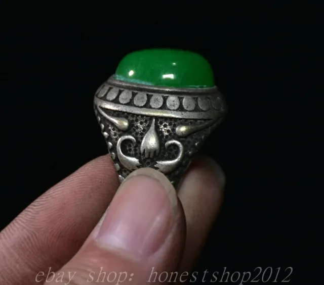 Alte chinesische Silber inay Grüne Jade Blume Schmuck Runde Ring Statue