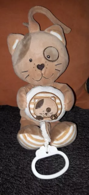 Doudou Peluche Chat Musical Mots D'enfants Marron Beige Blanc Raye