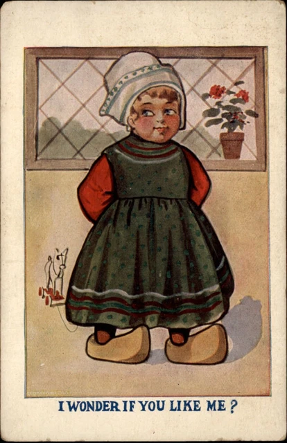 Dutch girl pull toy horse I Wonder If You Like Me? ~ c1910 romance postcard