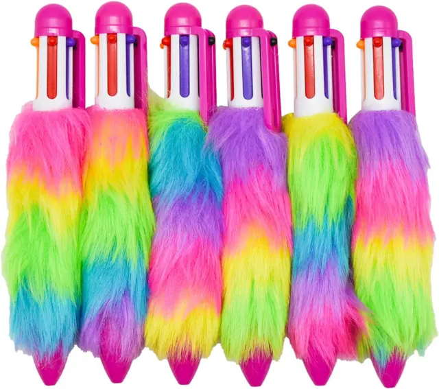 6 Pcs 6-In-1 Multicolor Fluffy Retractable Ballpoint Pen 6 Colors Rainbow Plush