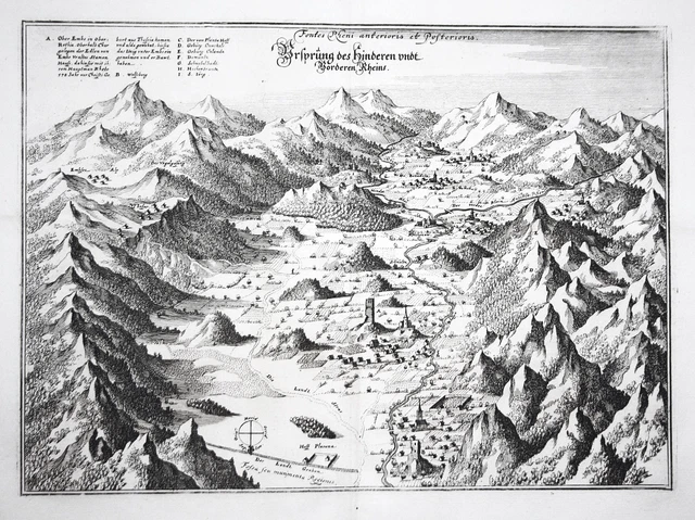 Rheinquelle Reno Hinterrhein Reichenau Svizzera Incisione Merian 1642