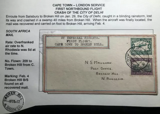 1932 Cape Town South Africa First Flight Cover FFC To Broken Hill N Rhodesia