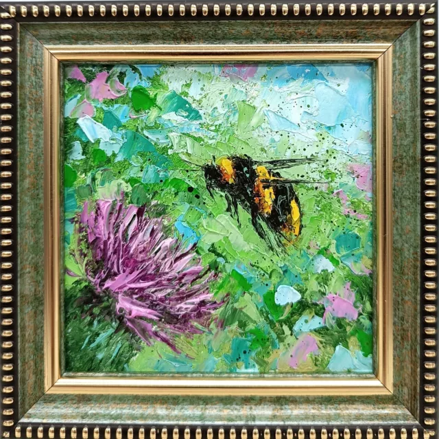 Original Painting Bumblebee Honey Bee Impasto Oil Painting Signed Art 4x4 in