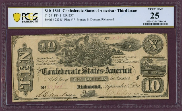 1861 T-29 PF-1 CR-237 Confederate States of America $10 VF 25 PCGS (L0558)