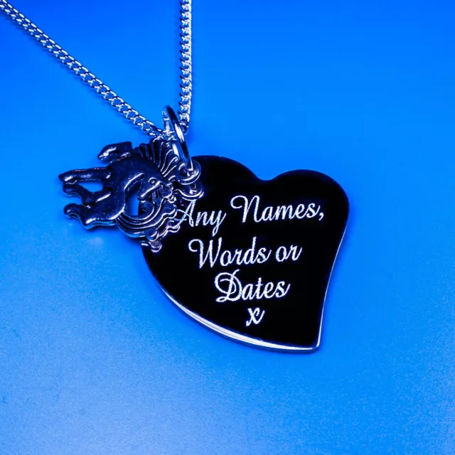 Personalised Heart Fairy Tale Flying Horse Charm Pendant Necklace Names Words