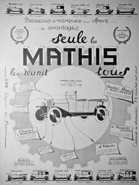 Publicité Presse 1924 Seule La Mathis Les Réunit Tous Torpedo Trefle Camionnette