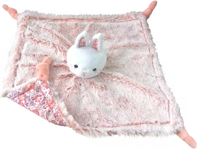 Doudou Plat Carré Lapin Rose Chiné Fourrure Liberty Fleurs Domiva