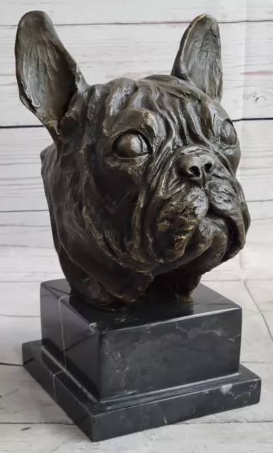 Bronze Sculpture Bust Head of French Bulldog Hot Cast Marble Base Figure Gift