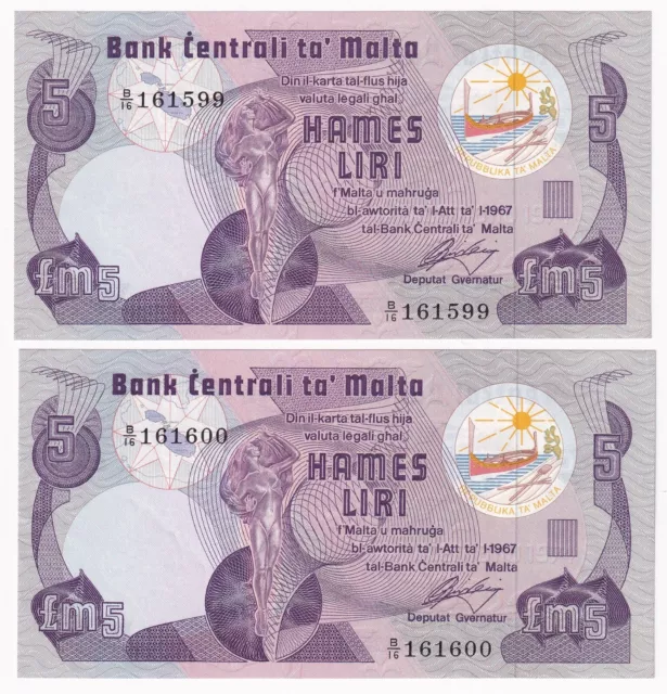 Malta 5 Liri issued 1979 consecutive pair P35 aUncirculated to Uncirculated UNC