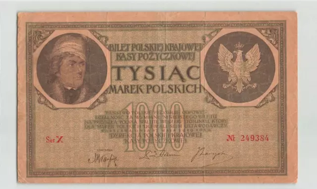 POLAND 1000 Marek Polskich 1919, P-22a Ser. X, Large Note Brown Paper, Circ.