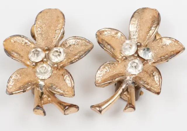 Vintage Clip On Earrings Floral Gold Tone Diamante Mid Century 1950s 1960s 60s