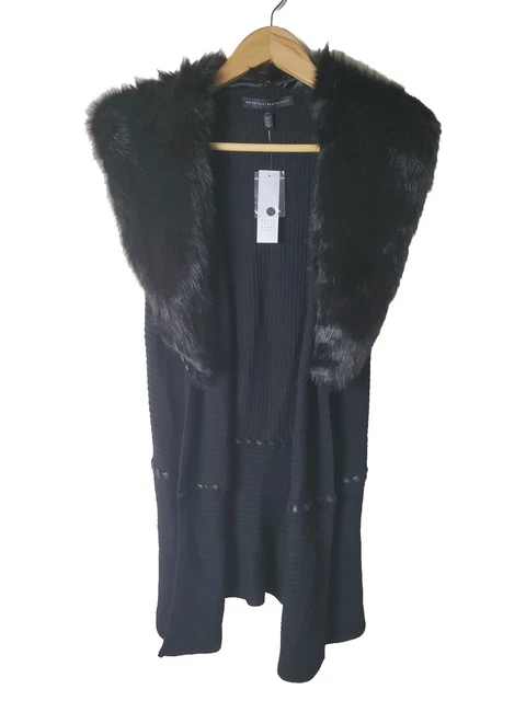 WHITE HOUSE BLACK Market Womens Black Sweater Vest Faux Fur