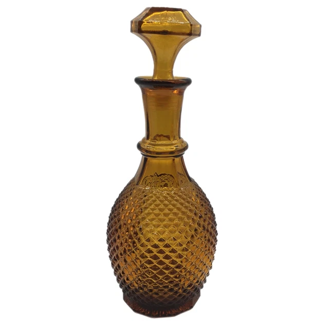 Dark Amber Glass Hobnail Decanter Vintage Barware Stopper 1970s Style