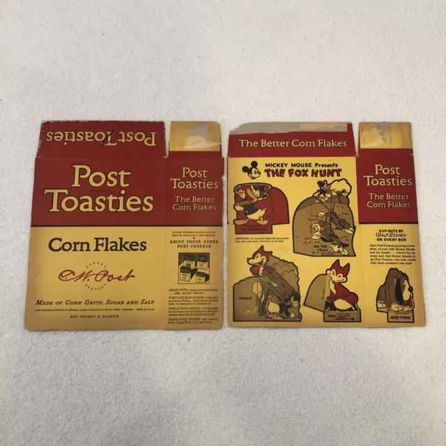 Post Toasties 1930's Mickey Mouse Presents The Fox Hunt Cereal Box Vintage