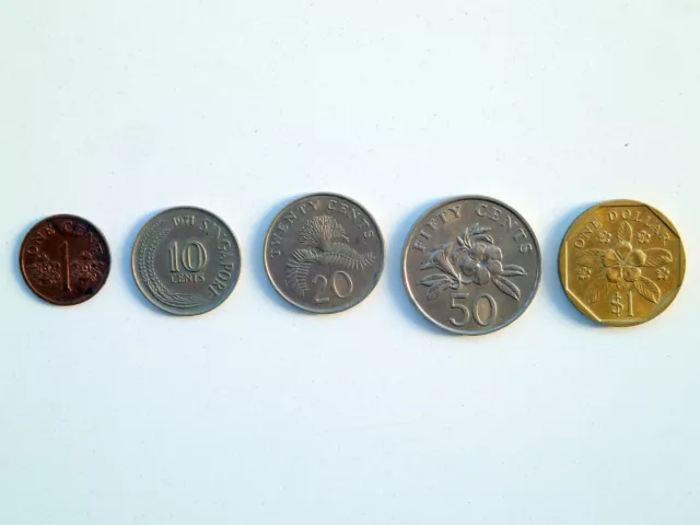 Münzen Konvolut ( 5 Stück ) => 1 Cent - 1 Singapore $ von Singapur von 1971-1989