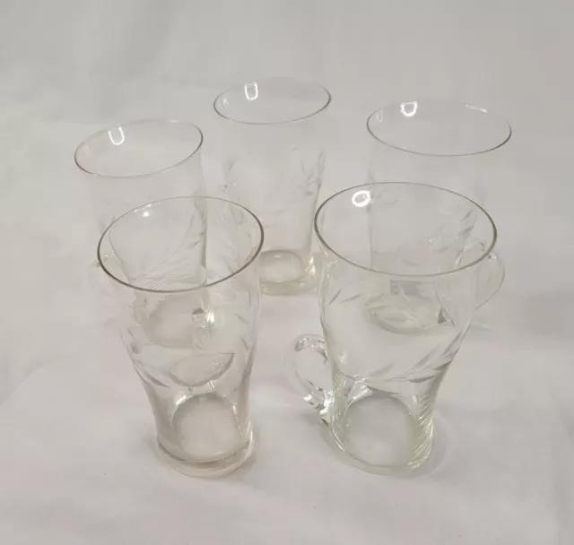 Set 5 Vintage Etched Frosted Drinking Glasses Tumblers 12 Oz 5.5” White Flowers