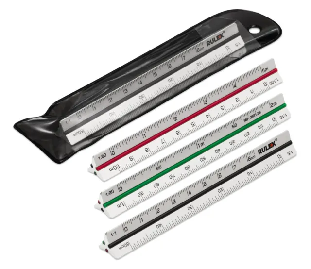 Rulex 100mm 10cm Micro Silver Metal Triangular Scale Ruler with Coloured Stripes