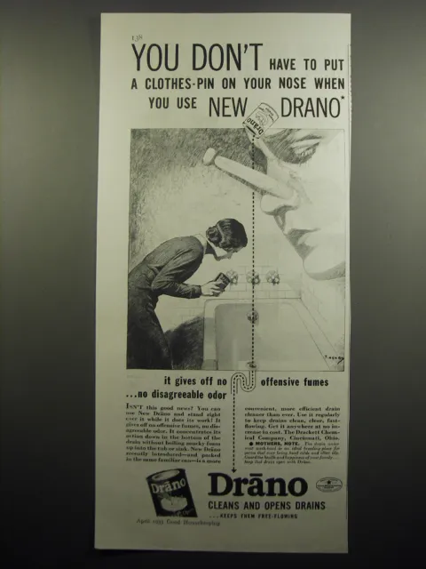 1933 Drano Drain Cleaner Ad - You don't have to put a clothes-pin on your nose