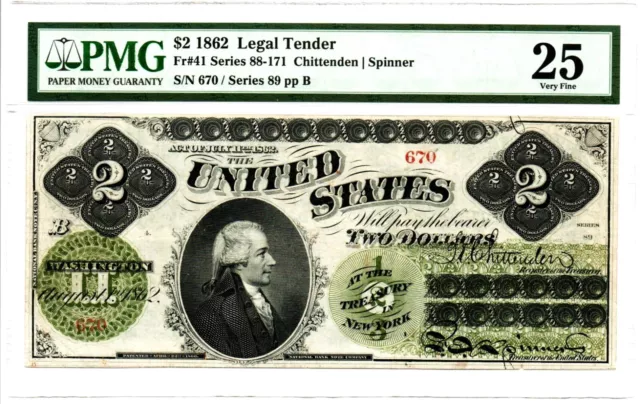 Fr. 41 $2 1862 Legal Tender PMG Very Fine 25.