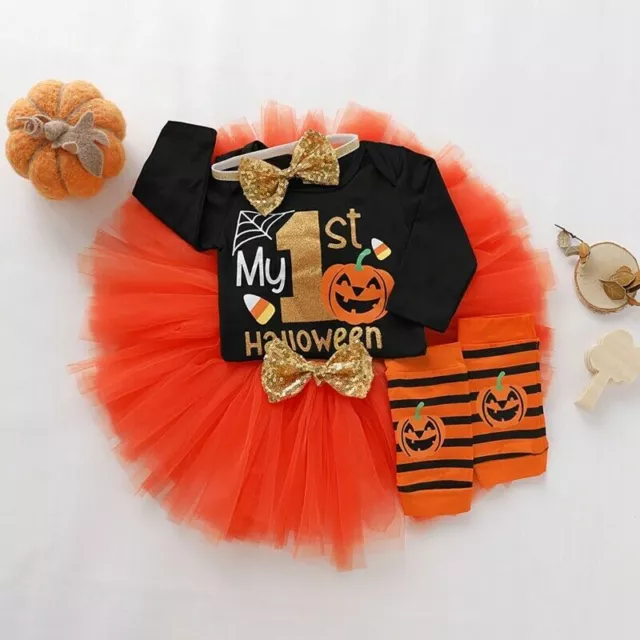 Newborn Baby Girl Kids 1st Halloween Pumpkin Tulle Tutu Dress Costume Outfit Set