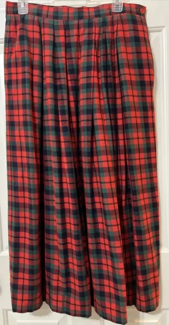 Vintage Orvis 14 Tartan 100% Cotton Flannel Plaid Pleated Midi Skirt Pockets USA