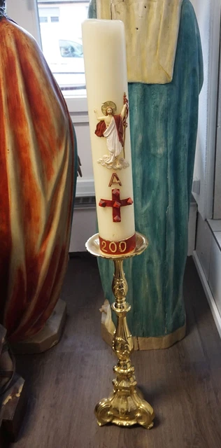 Großer Altarleuchter 64cm Kirchenbedarf vergoldet mit Auferstehungskerze