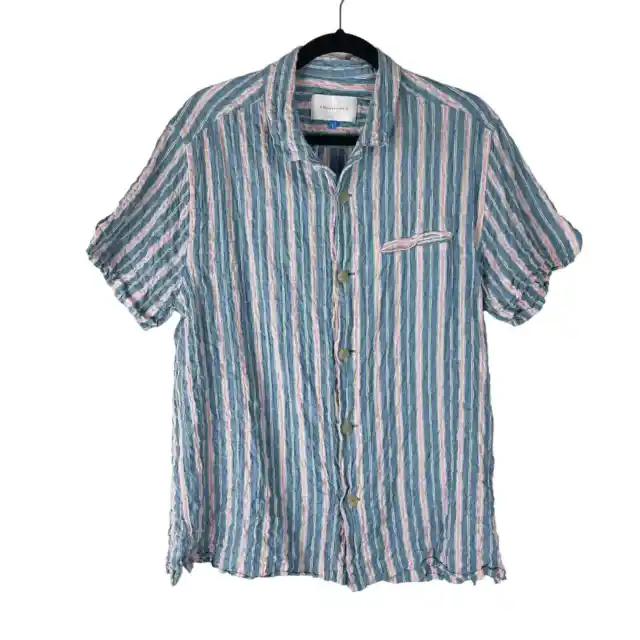 Solid & Striped Shirt Mens Large Blue Striped Crinkle Button Down Short Sleeve