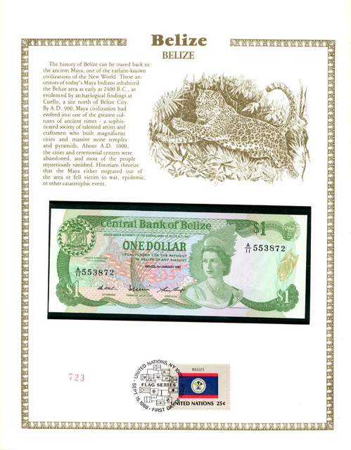 Belize Banknote 1 Dollar 1987 P 46c UNC w/FDI UN FDI FLAG STAMP A/11 553872