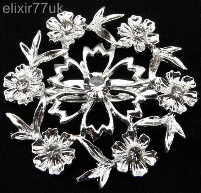 Silver Diamante Rhinestone Crystal Leaf Flower Brooch Wedding Bridal Prom Party