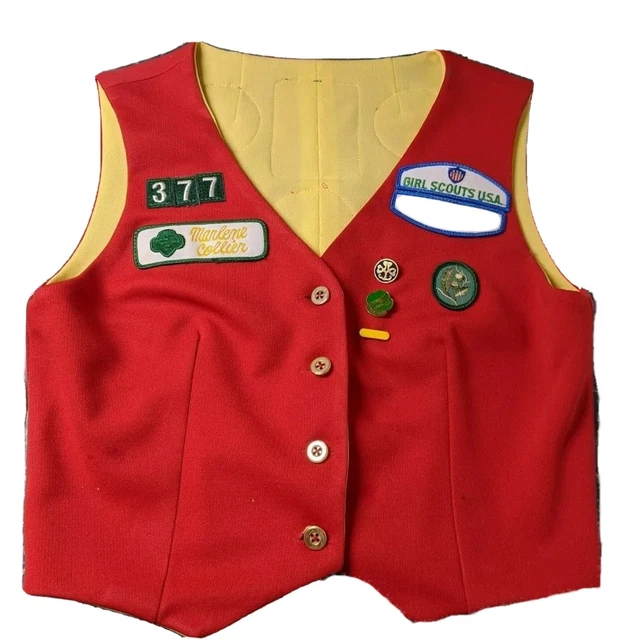 GIRL SCOUT RED and gold 1980's adult leader vest with event patches and