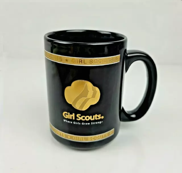 Girl Scouts Coffee Mug Where Girls Grow Strong Black Gold Insignia Logo 22K Gold 3