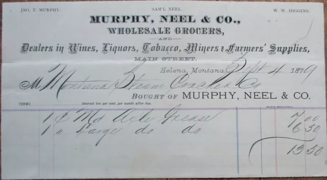 Helena, MT 1879 Letterhead: Tobacco/Cigar/Wine/Liquor, Mining & Farming- Montana