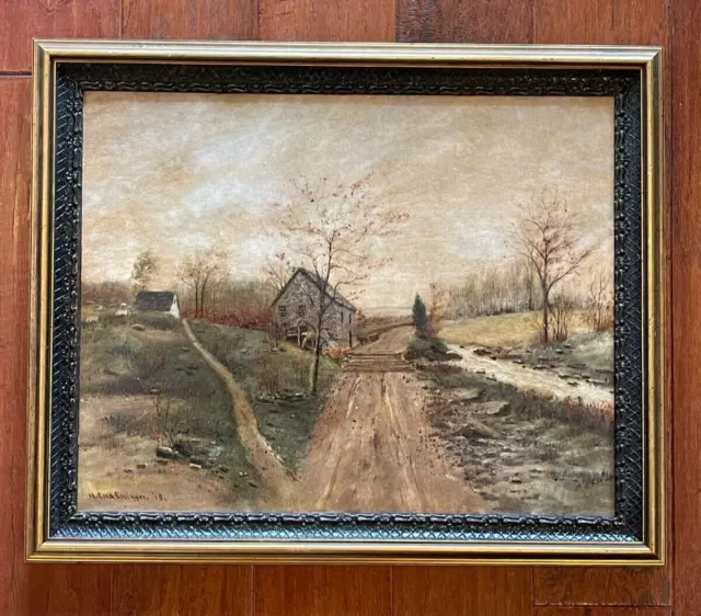 Antique 1910 Framed Oil on Board Landscape Painting Signed M Ella Ellinger