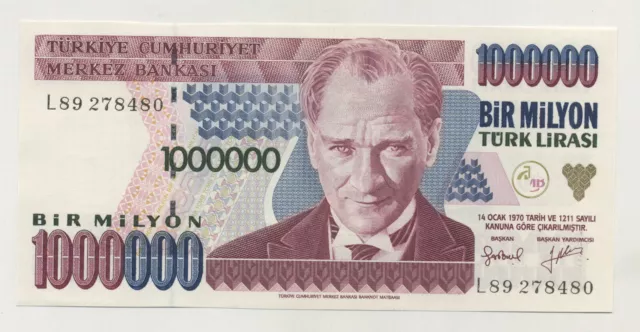Turkey 1000000 Lira L.1970 (1985) Pick 209 UNC Uncirculated Banknote Serial L89