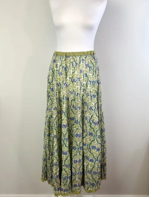 Rashid Women's Green & Blue Floral Pleated Maxi Drawstring Skirt One Size W38L37