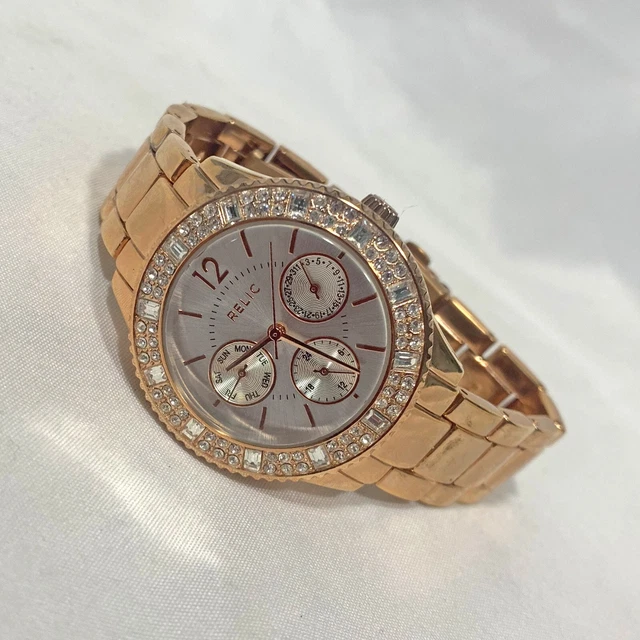 Relic by Fossil Multi Function Watch Crystal Bezel Rose Gold ZR15741 34mm Womens