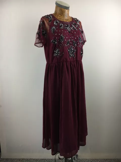 ABITO ASOS 14 BORDEAUX Paillettes Perline Floreale Chiffon Fit & Svagliato Lungo NUOVO 2