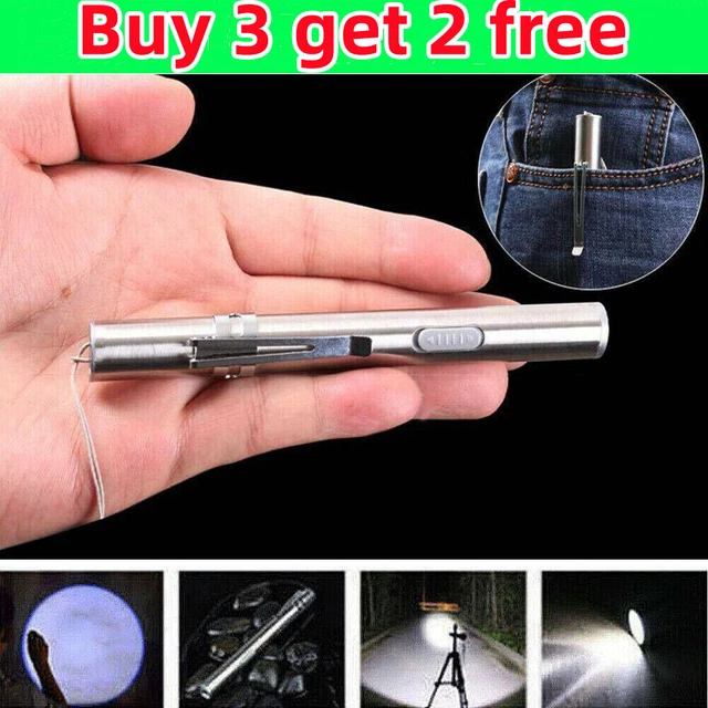 5" LED Pen Light USB Rechargeable Mini Tactical Flashlight Stainless Steel Torch