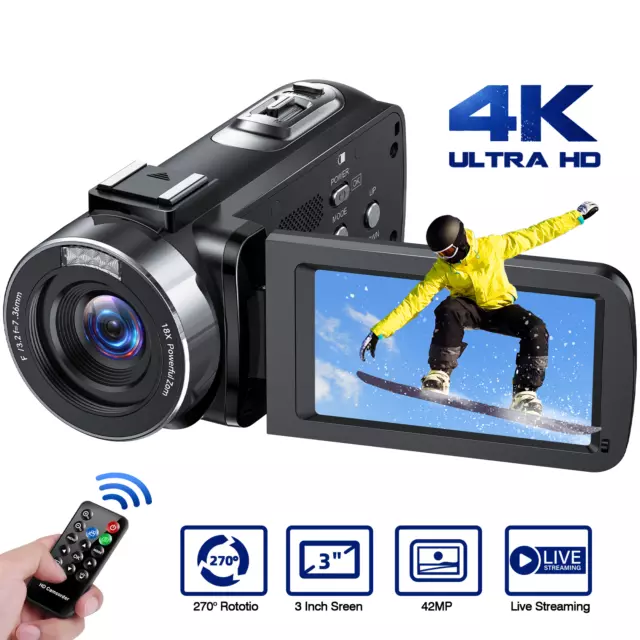 Video Camera Camcorder 4K 42MP YouTube Camera IR Night Vision 3" Rotation Screen